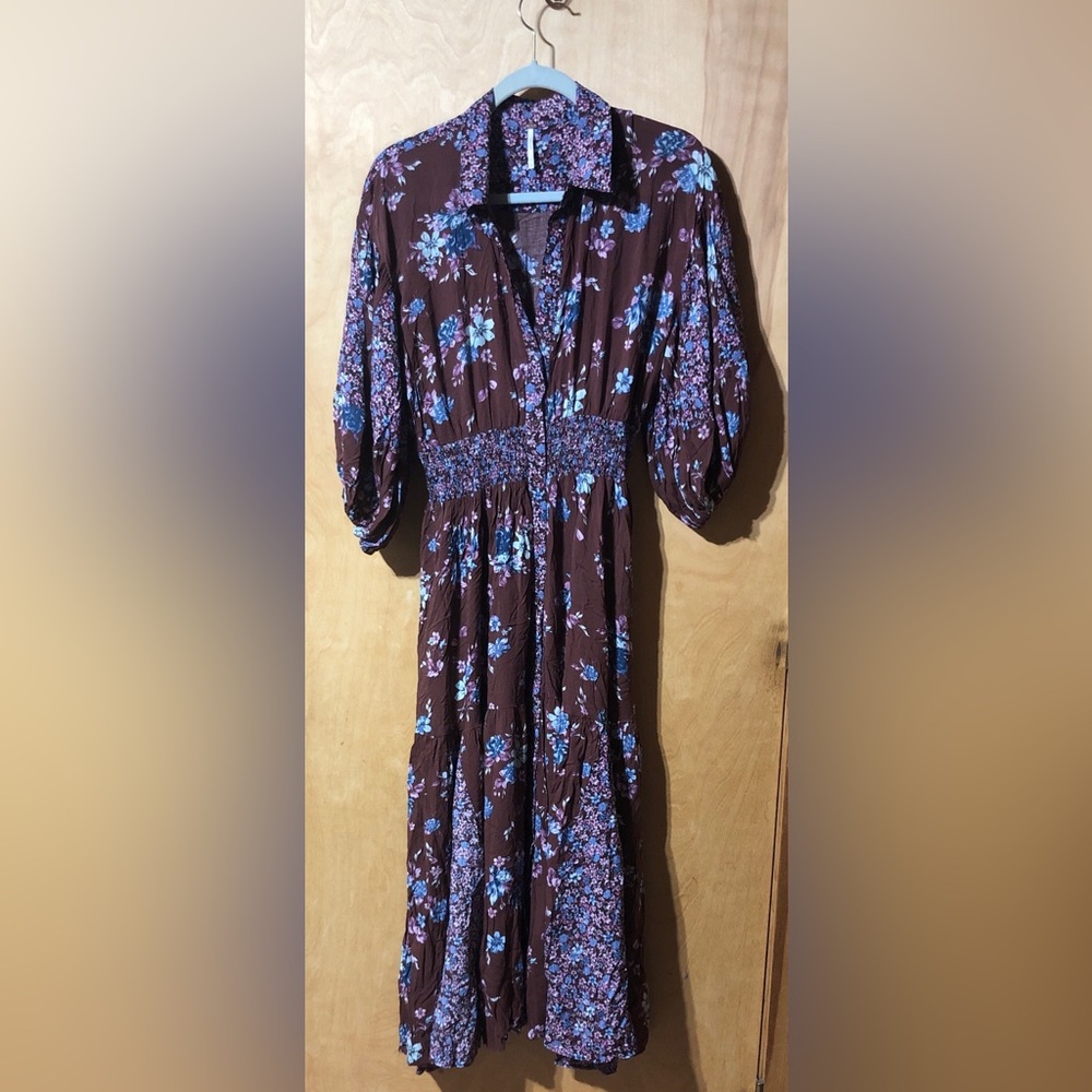 Free People Prairie Punk Brown mauve Floral 3/4 sleeve button front S M L